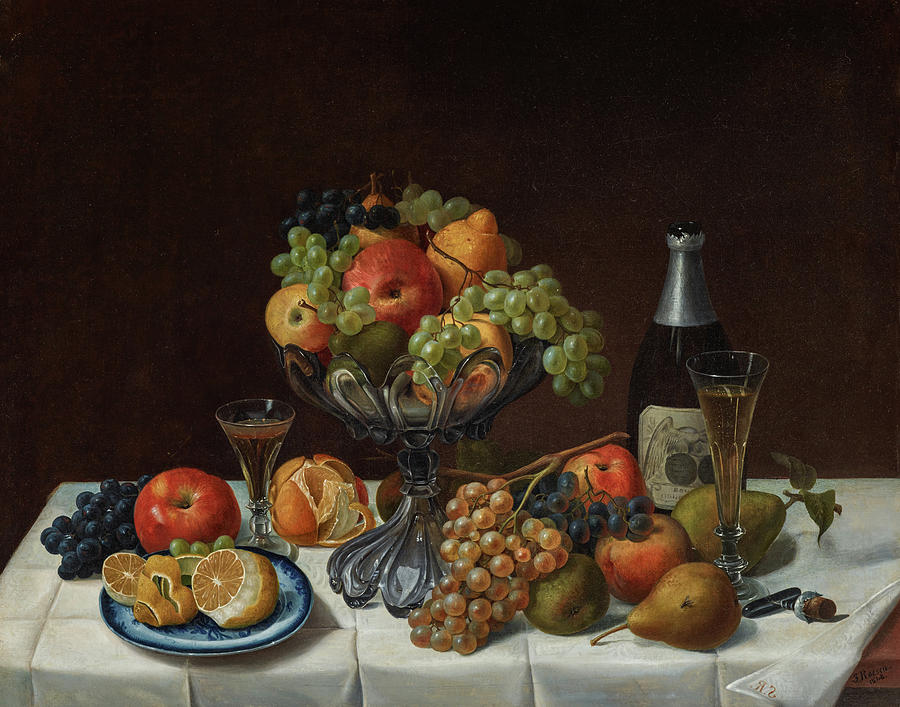 Fruit Still Life with Champagne Bottle, 1848 Painting by Severin Roesen ...