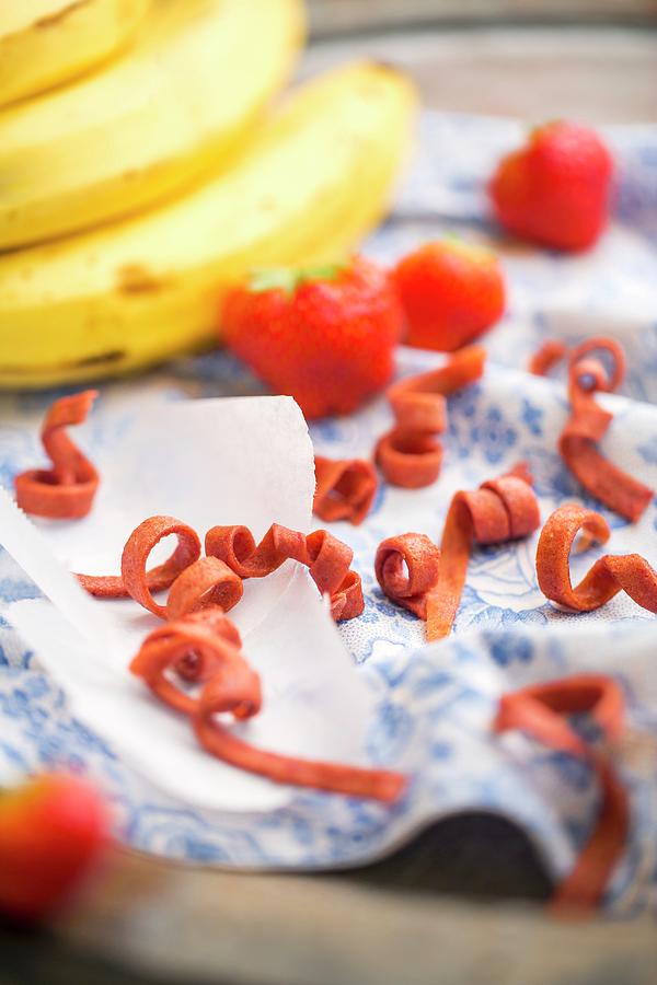 Fruit Strips With Fresh Strawberries And Bananas Photograph by Sandra Krimshandl-tauscher