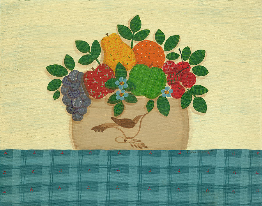 Fruit With Dark & Lt. Blue Tablecloth Painting by Debbie Mcmaster