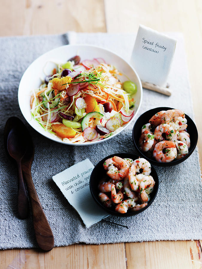 Fruity Coleslaw And Marinated Prawns With Chili And Garlic Photograph by Karen Thomas