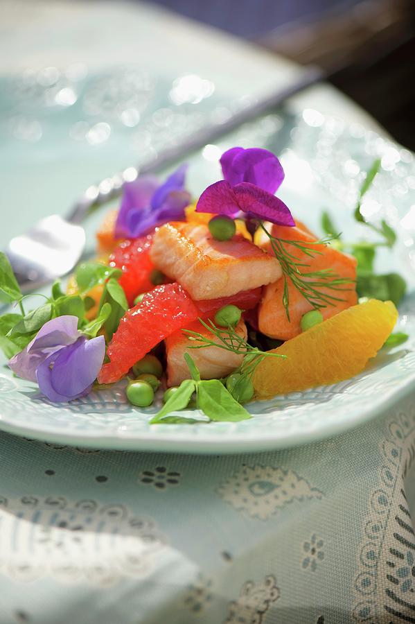 Fruity Salmon Salad With Oranges, Grapefruit And Edible Flowers Photograph by Winfried Heinze
