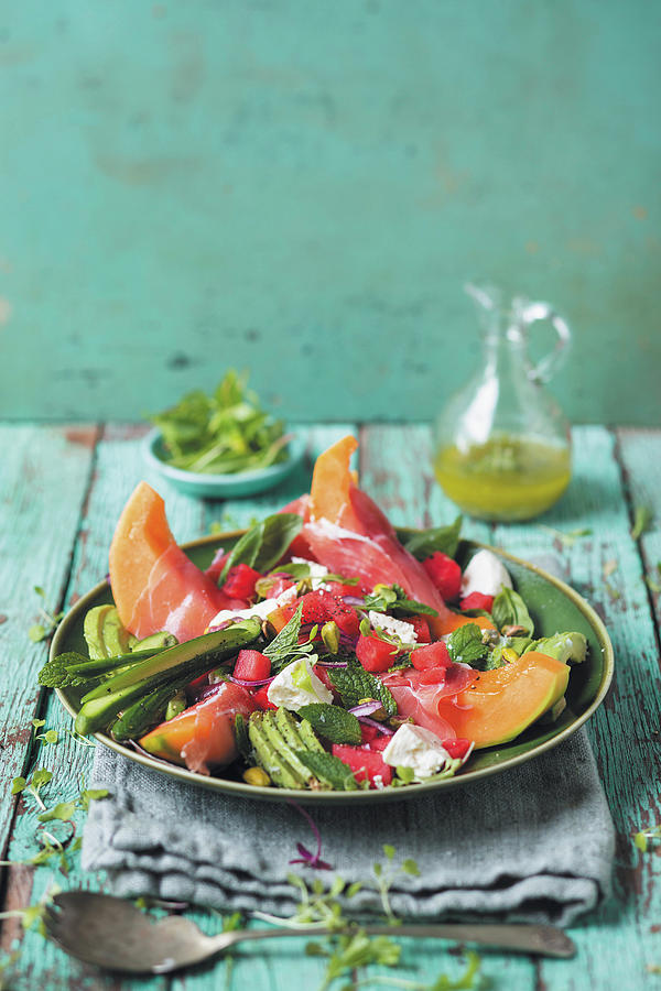 Fruity Summer Salad With Melon, Parma Ham And Feta Photograph by Great Stock!