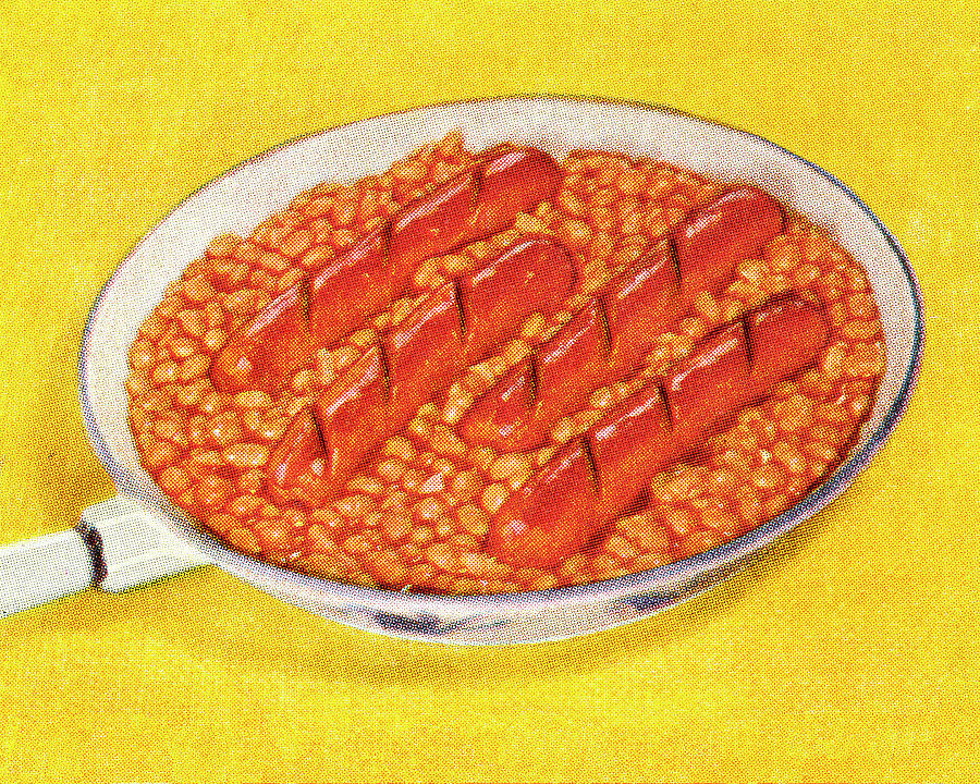 Vintage Drawing - Frying Pan with Beans and Hot Dogs by CSA Images