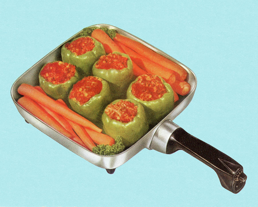 Carrot Drawing - Frying Pan with Stuffed Peppers by CSA Images