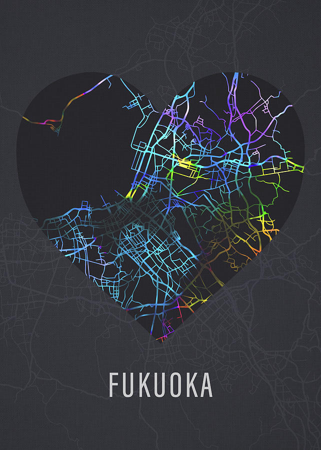 Fukuoka Japan City Heart Street Map Love Dark Mode Mixed Media by ...