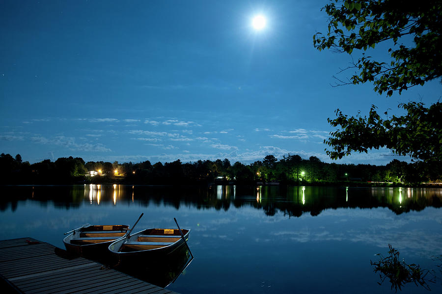 Full Blue Moon Over A Lake And Two Photograph by David Mcglynn