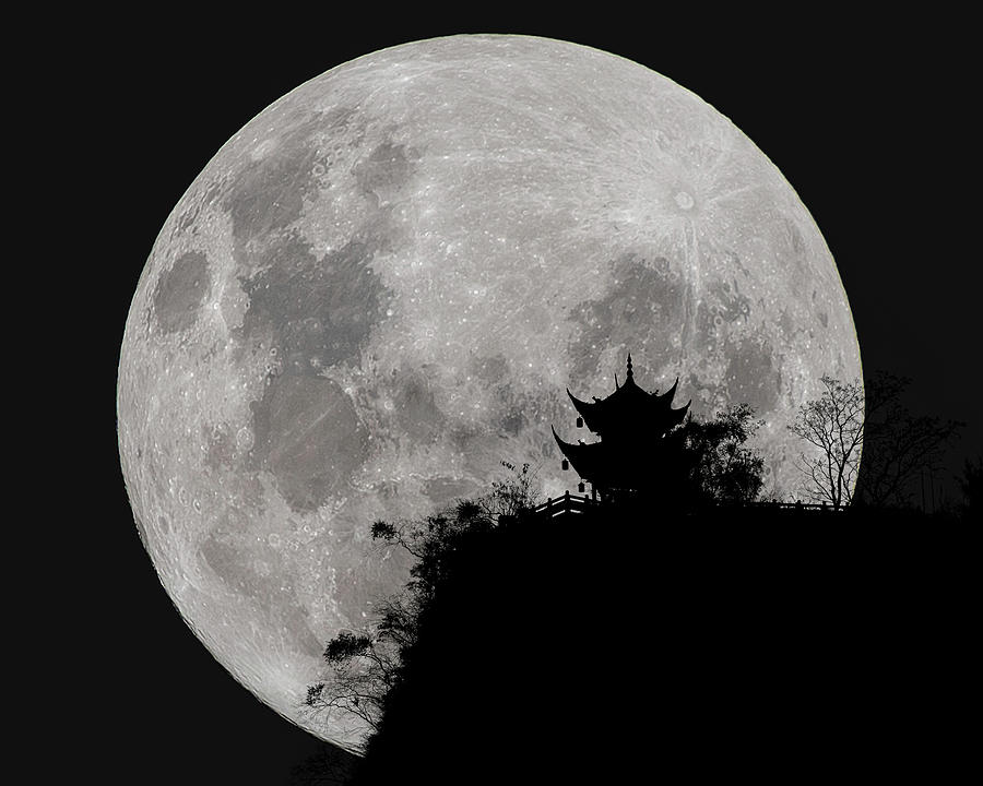 Full Moon Behind Clifftop Gazebo In Chengdu China Photograph