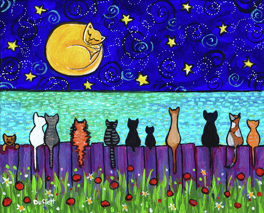 Cat Painting - Full Moon Cats Ocean by Shelagh Duffett