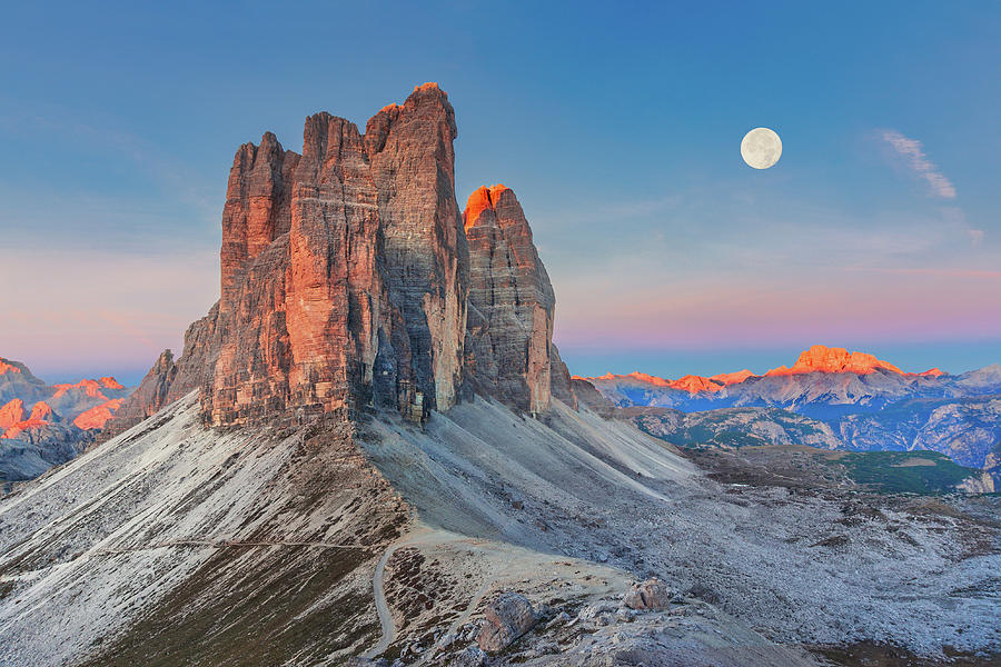 Full Moon Morning On Tre Cime Di Lavaredo Photograph By