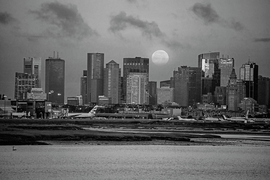 Full moon over Boston MA at Sunrise Black and White Photograph by Toby McGuire