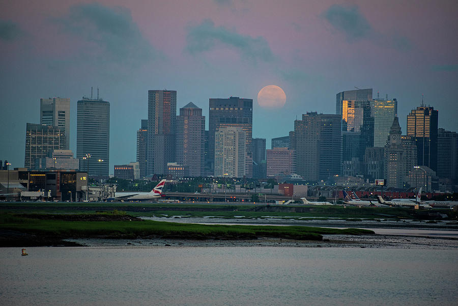 Full moon over Boston MA at Sunrise Photograph by Toby McGuire