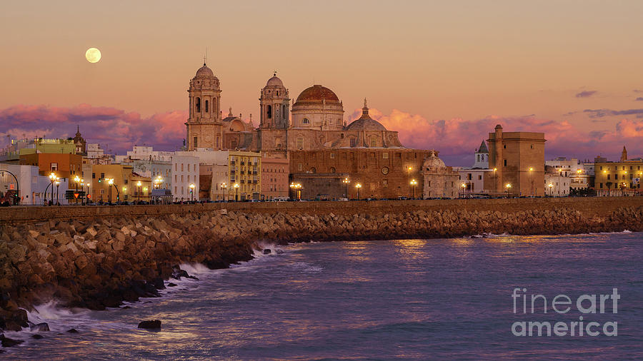 Full Moon Over Cadiz Cathedral from Southern Field Andalusia Spain Photograph by Pablo Avanzini
