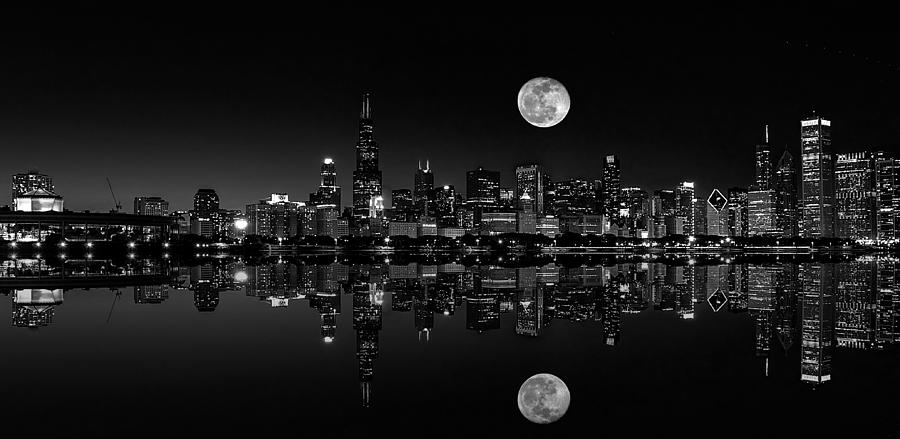 Full Moon Over Chicago Bw Photograph