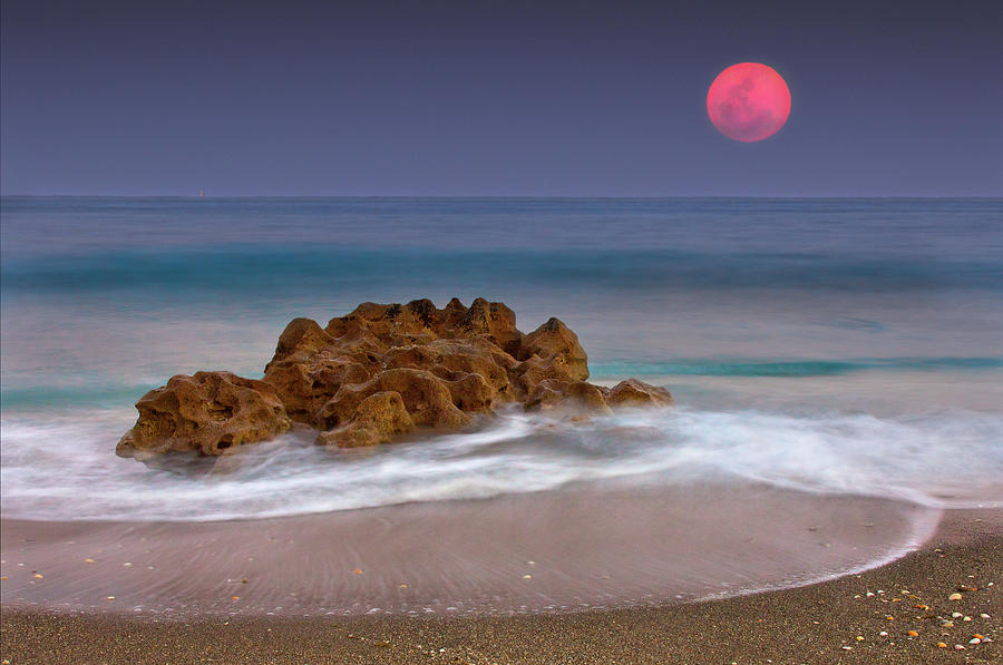 Full Moon Over Ocean And Rocks By Melinda Moore