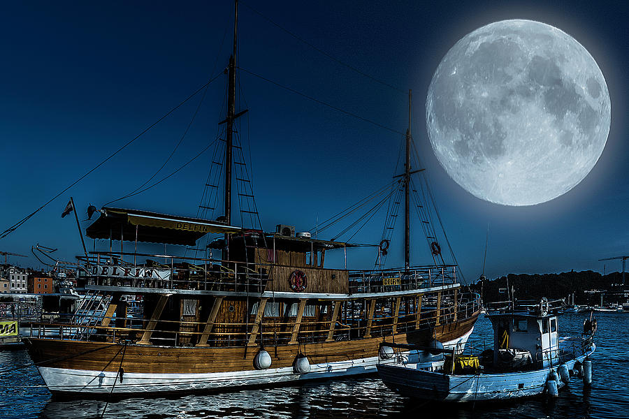 Full Moon over Rovinjs Harbor Photograph by Wolfgang Stocker