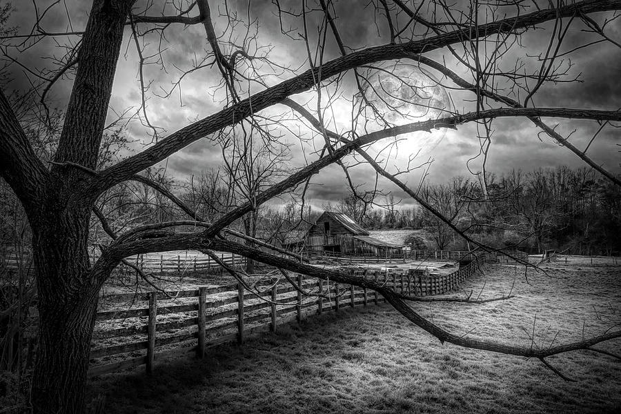 Full Moon over the Farm Black and White Photograph by Debra and Dave Vanderlaan