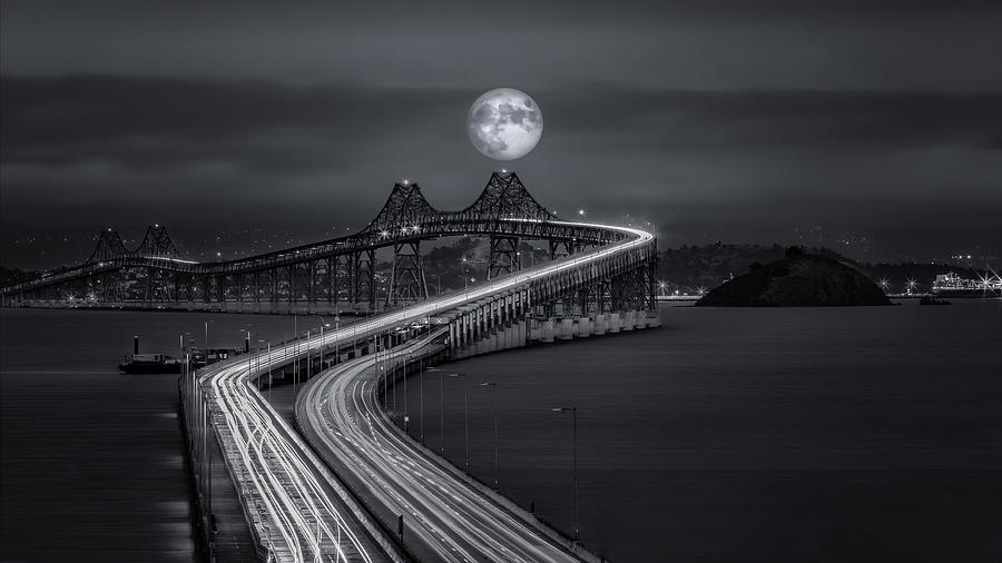 Night Photograph - Full Moon Over The Richmond Bridge by Anna An