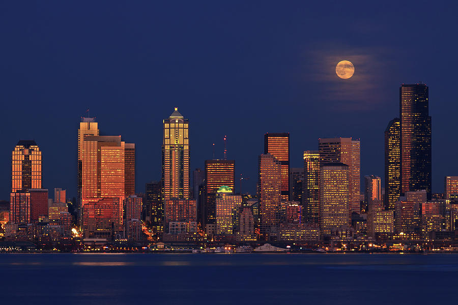 Full Moon Rising Over Downtown Seattle Photograph by Michael Riffle