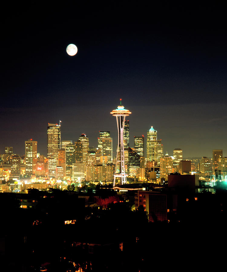 Full Moon, Seattle Skyline, Wa by White