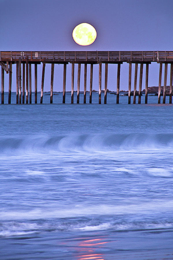 Nature Photograph - Full Moon Set Over Cayucos Pier by Alice Cahill
