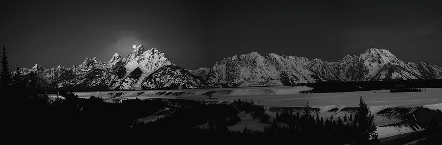 Full Moon Sets in the Tetons Panorama Photograph by Raymond Salani III