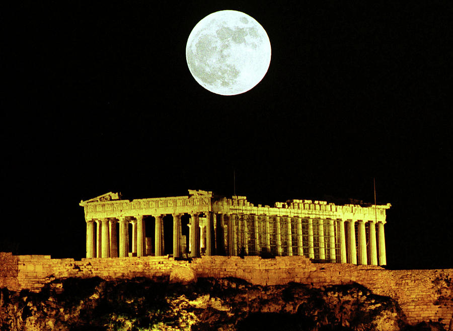 Full Moon Shines Over Parthenon Photograph by Yannis Behrakis