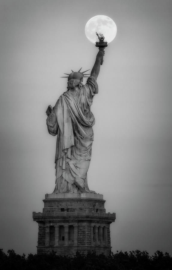 Full Moon Statue Of Liberty BW Photograph by Susan Candelario