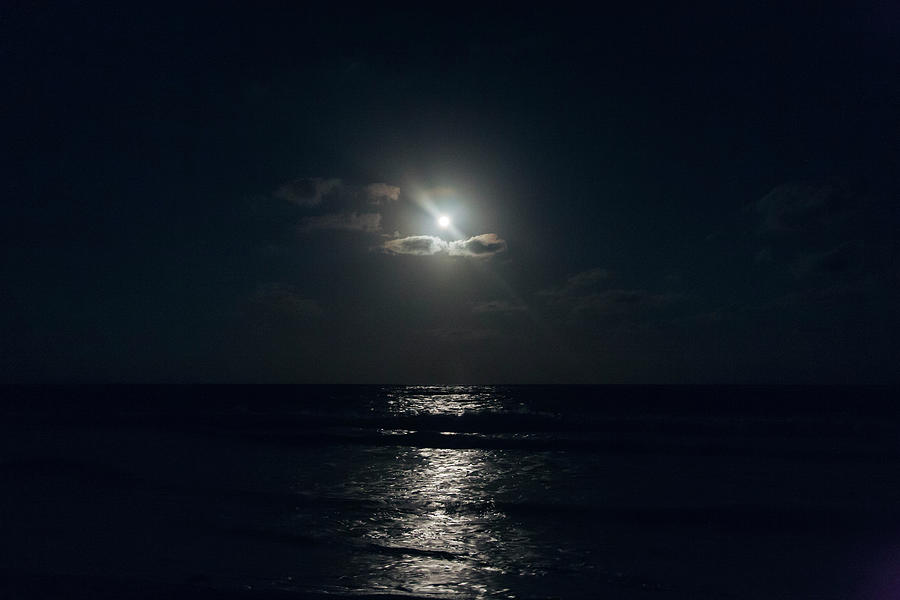 Full Moon Through Clouds Over The Ocean Photograph by Sasha Weleber