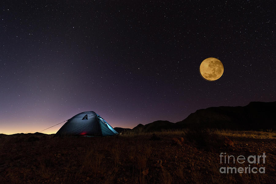Full Red Moon And Stars Over Lit Tent Photograph by Sproetniek