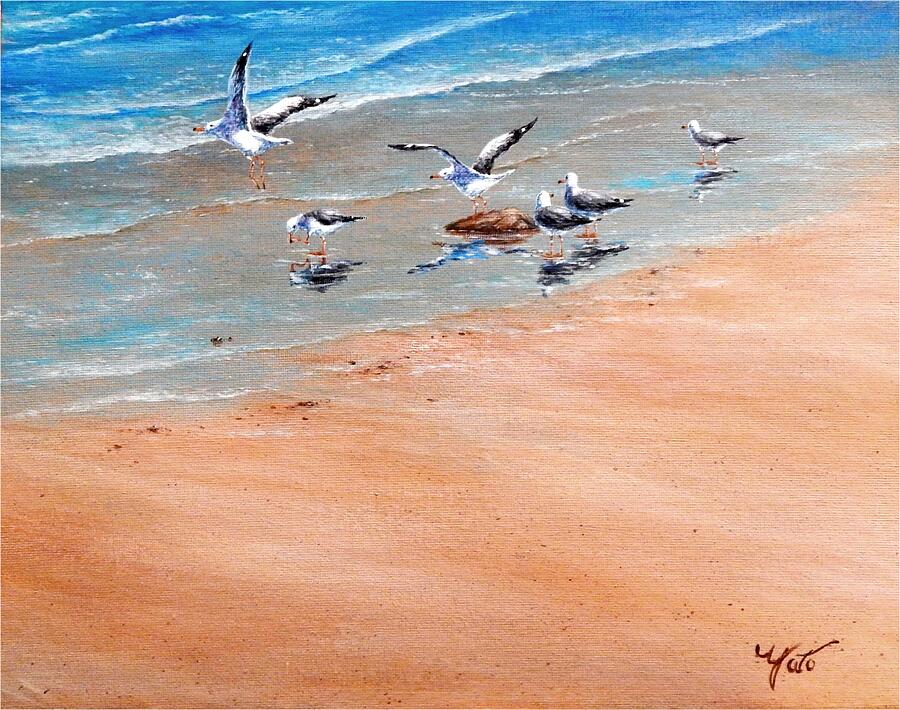 Sea Gulls, Fun at the Beach Painting by John YATO | Fine Art America