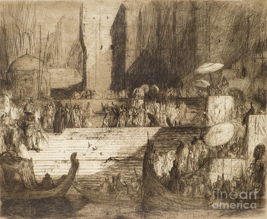 Boat Painting - Funeral Ceremony At The Ganges Etching by Marius Alexander Jacques Bauer