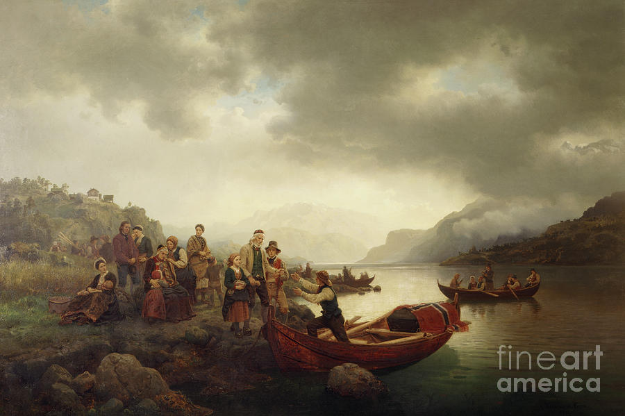 Funeral on Sognefjord, 1853 Painting by O Vaering by Hans Gude