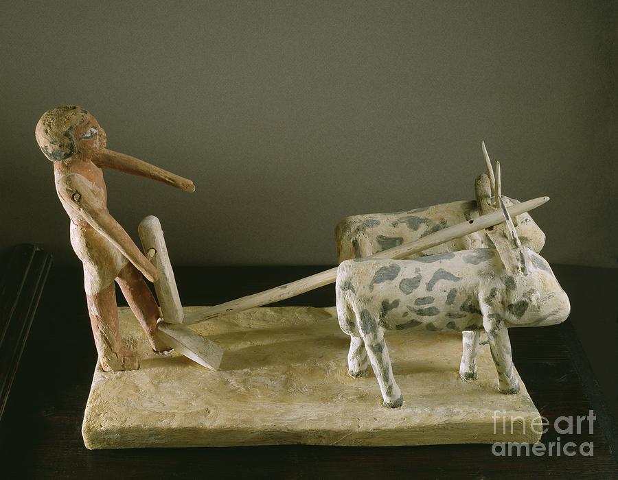Funerary Model Of A Ploughman Leading His Plough Drawn By Two Oxen Painting by Middle Kingdom Egyptian