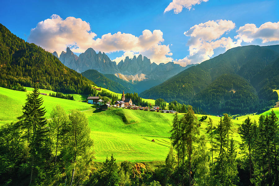 Funes Valley Santa Magdalena view and Odle mountains, Dolomites  Photograph by Stefano Orazzini