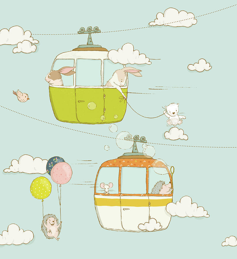 Funny Animals in Cable Cars whimsical Art for Kids Painting by Matthias Hauser