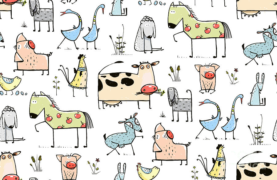 Country Digital Art - Funny Cartoon Village Domestic Animals by Popmarleo Country Digital Art - Funny Cartoon Village Domestic Animals by Popmarleo