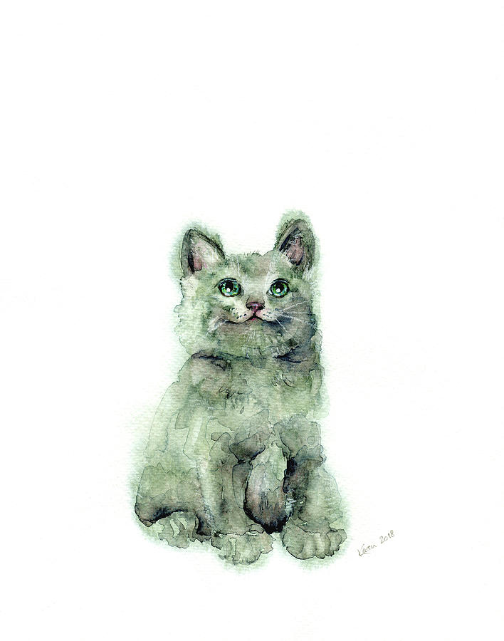Funny little cat portrait Painting by Karen Kaspar
