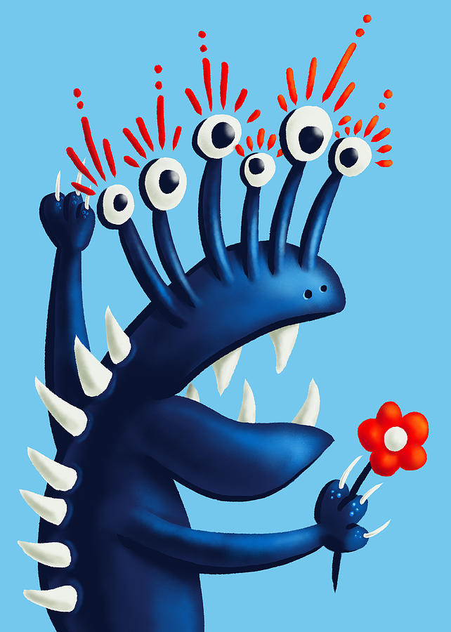 Cool Digital Art - Funny Monster In Blue With Flower by Boriana Giormova
