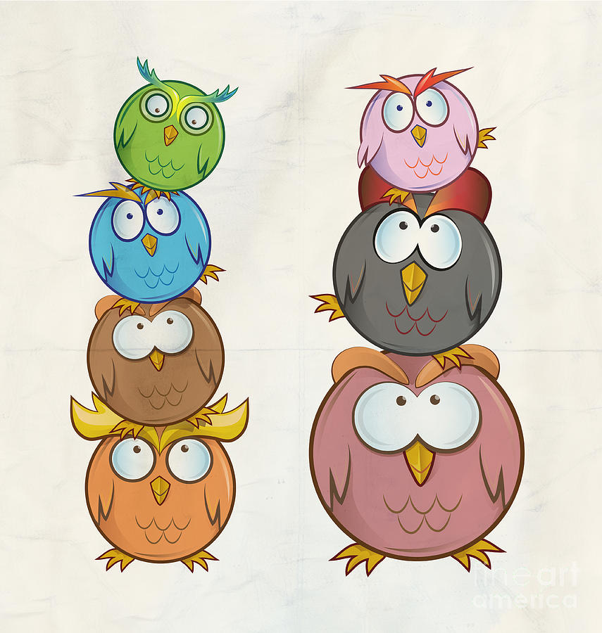 funny Owl cartoon group Digital Art by Domenico Condello - Fine Art America