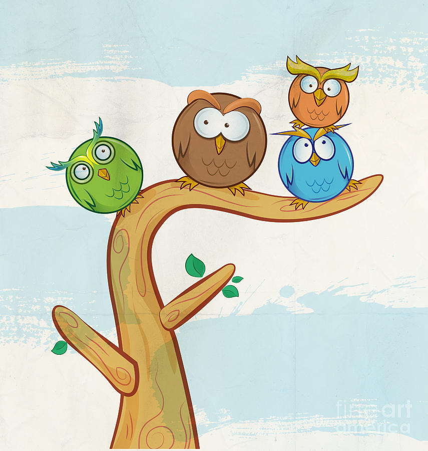 Funny Owl Group Cartoon On Tree Digital Art by Domenico Condello - Pixels