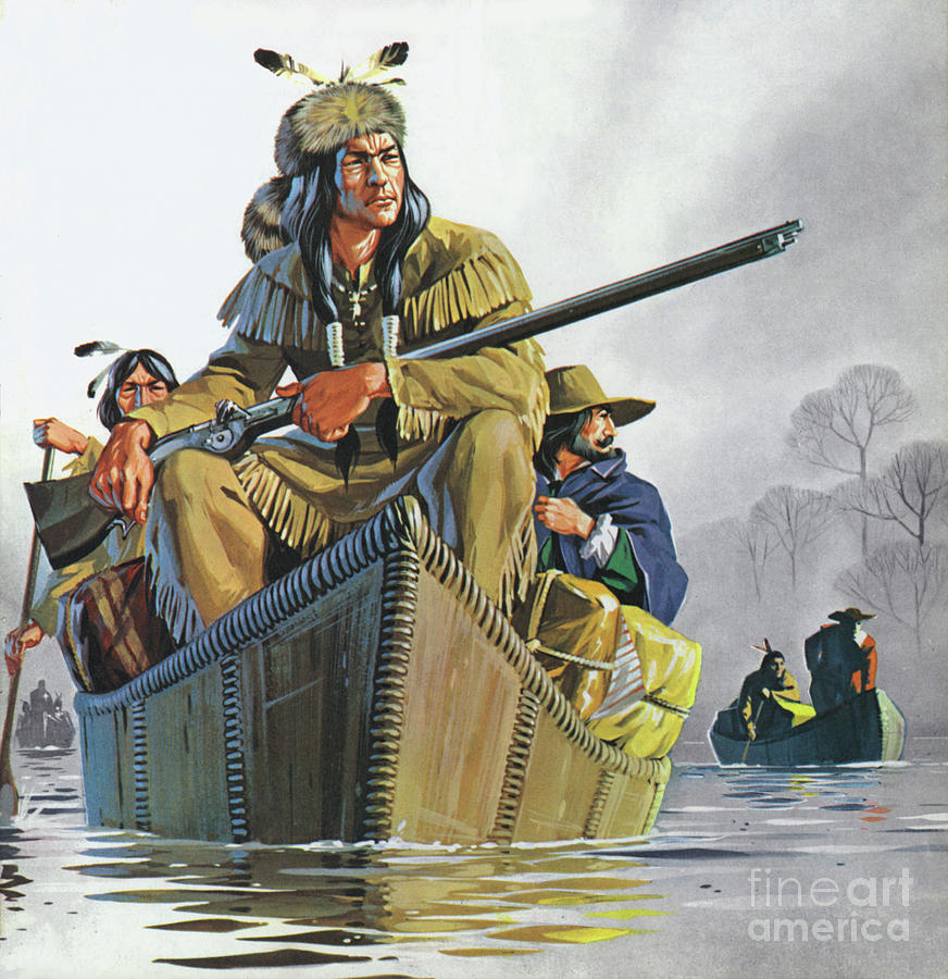 Fur traders on the Mississippi in winter Painting by Angus McBride