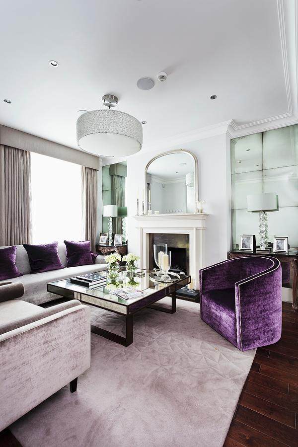 Furniture With Grey And Violet Upholstery In Elegant Living Room With Square, Mirror-topped Coffee Table In Centre Photograph by Simon Maxwell Photography