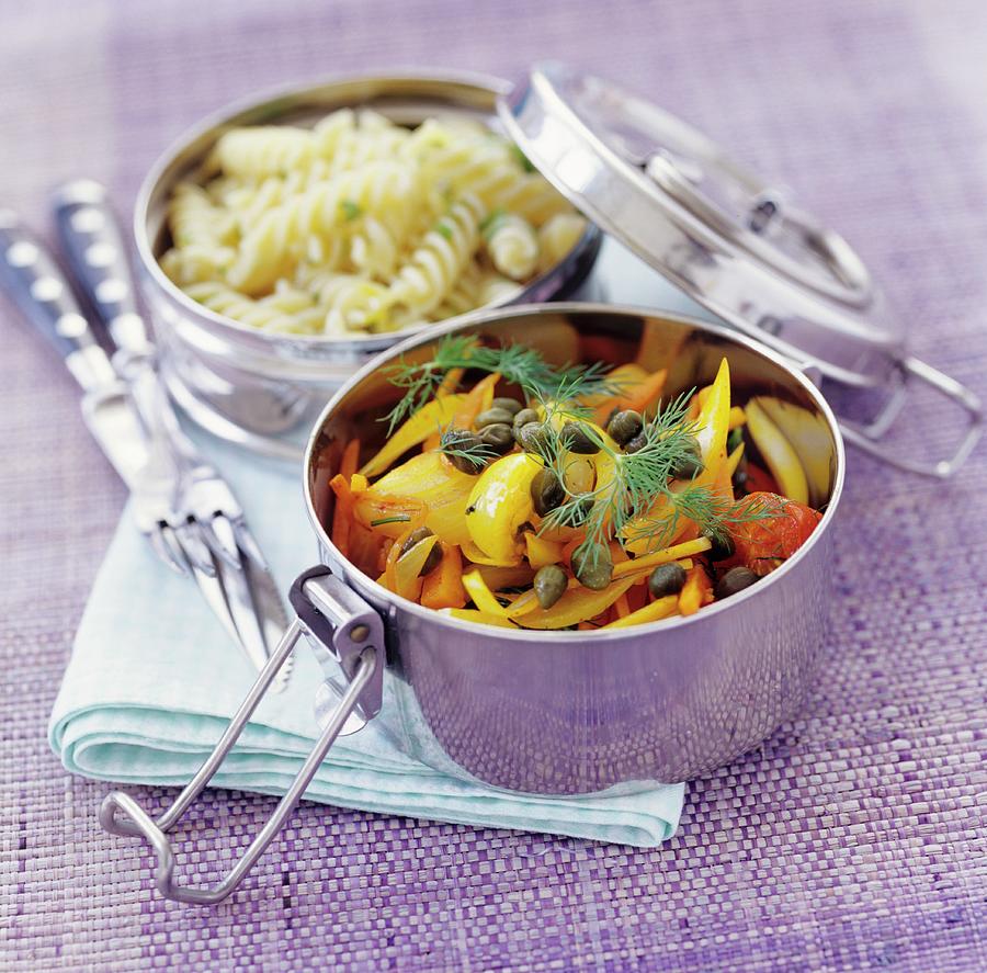 Fusilli And Peppers With Dill And Capers In Camping Pots Photograph by Tine Guth Linse