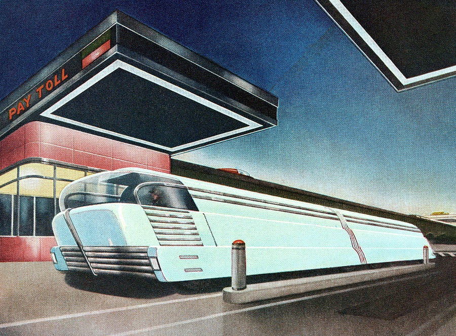 Transportation Drawing - Futuristic Bus at Toll Booth by CSA Images