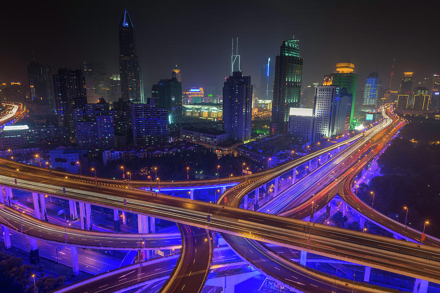 Futuristic Cityscape Neon Night Highway Photograph by Fotovoyager