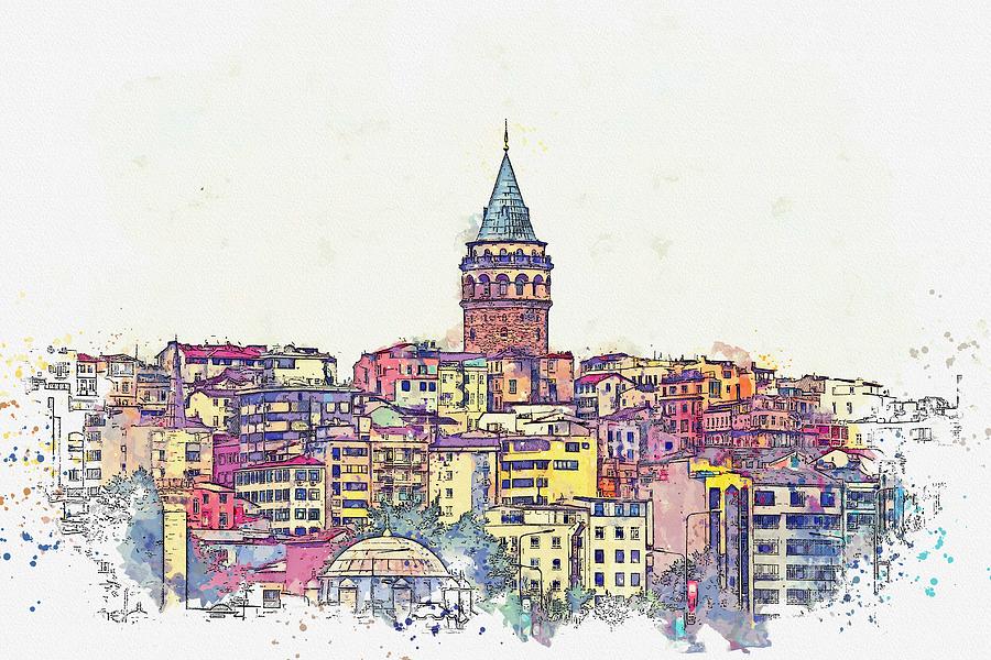 Ga ata Tower, Pera, Istanbul, Turkey -  watercolor by Adam Asar Painting by Celestial Images