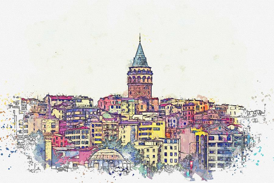 Ga Ata Tower, Pera, Istanbul, Turkey -  Watercolor By Adam Asar Painting