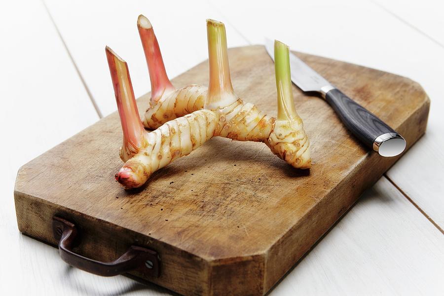 Galangal thai Ginger On A Chopping Board Photograph by Riess Studio