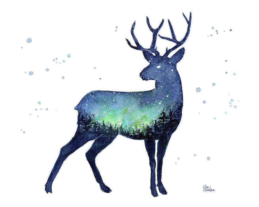 Galaxy Reindeer Silhouette Painting by Olga Shvartsur