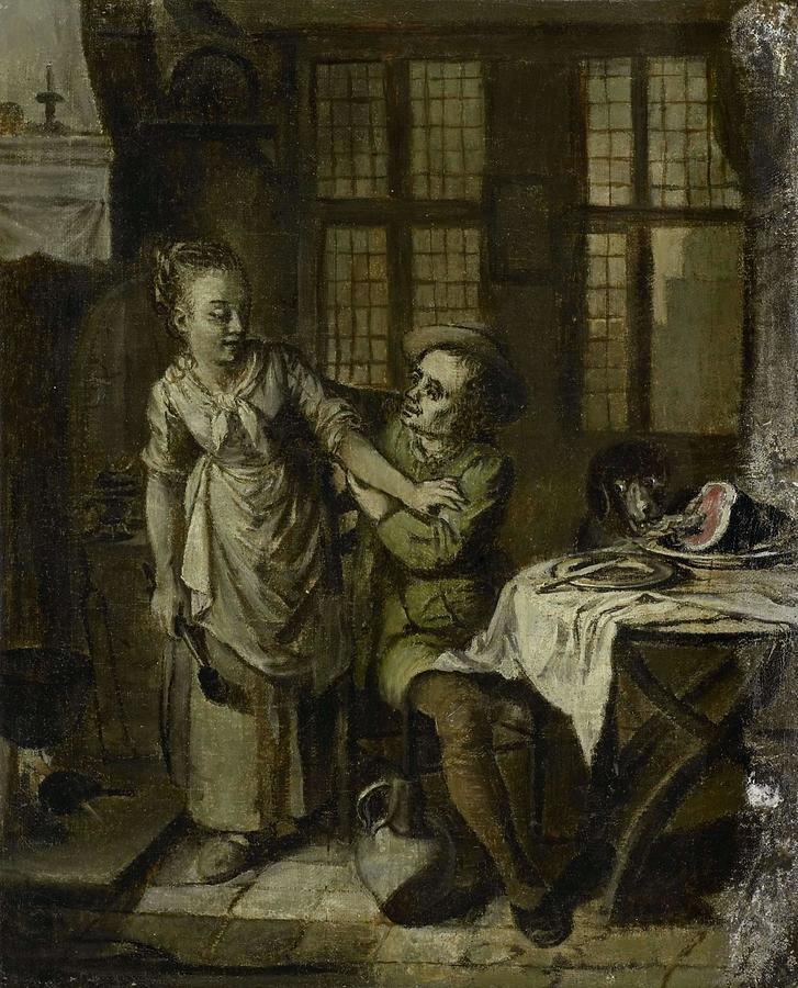 Gallant Scene in a Kitchen Interior. Painting by Willem Joseph Laquy